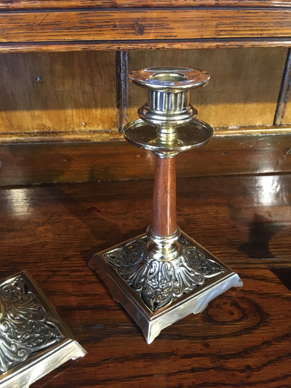 PAIR OF BRASS AND WOOD CANDLESTICKS  View IV