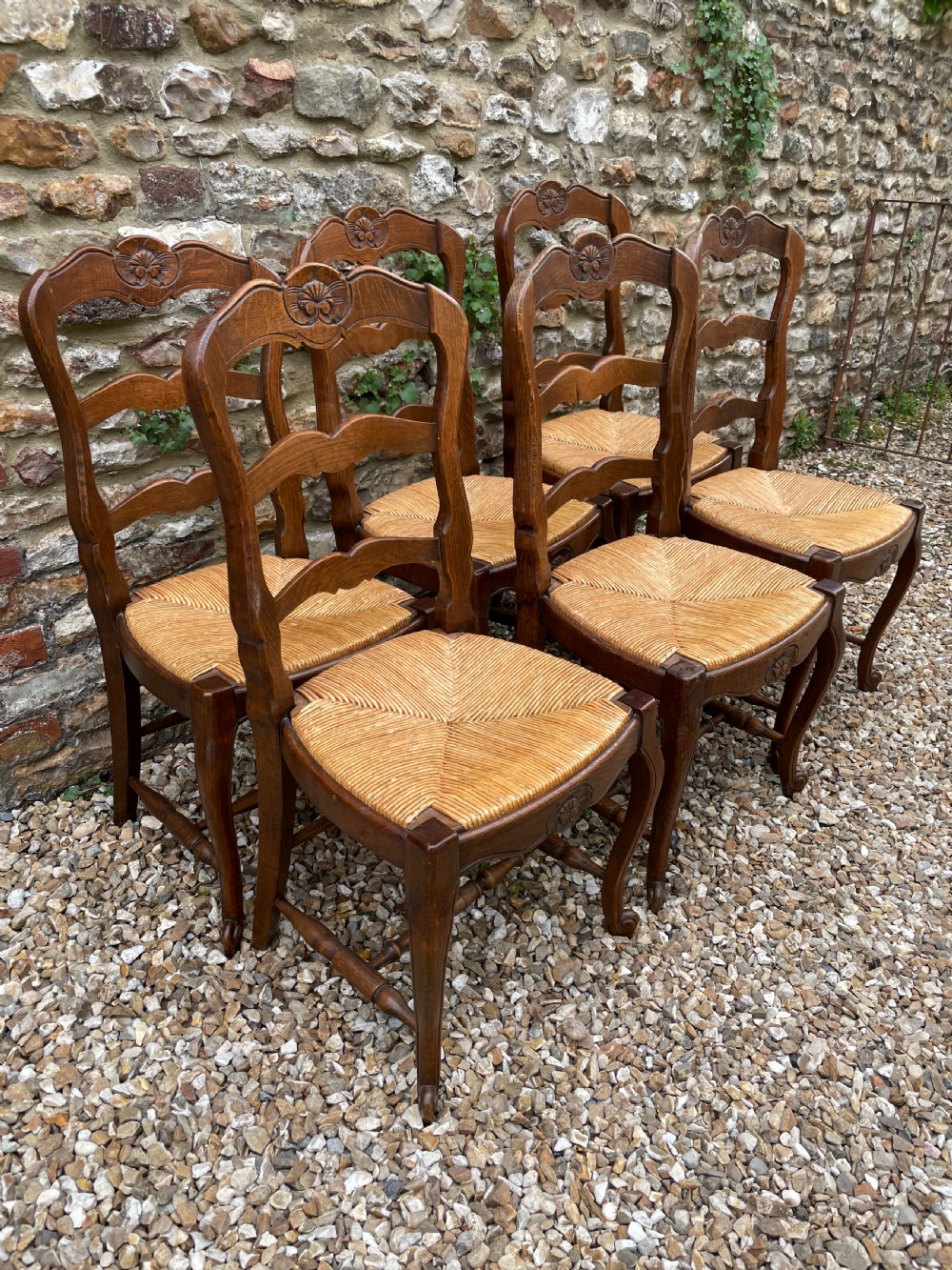 Set of six oak rush seated chairs  View II