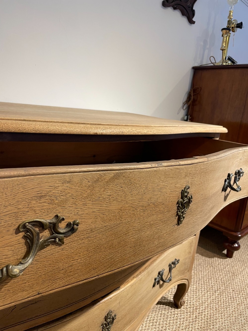 Washed oak serpentine fronted French commode  View III