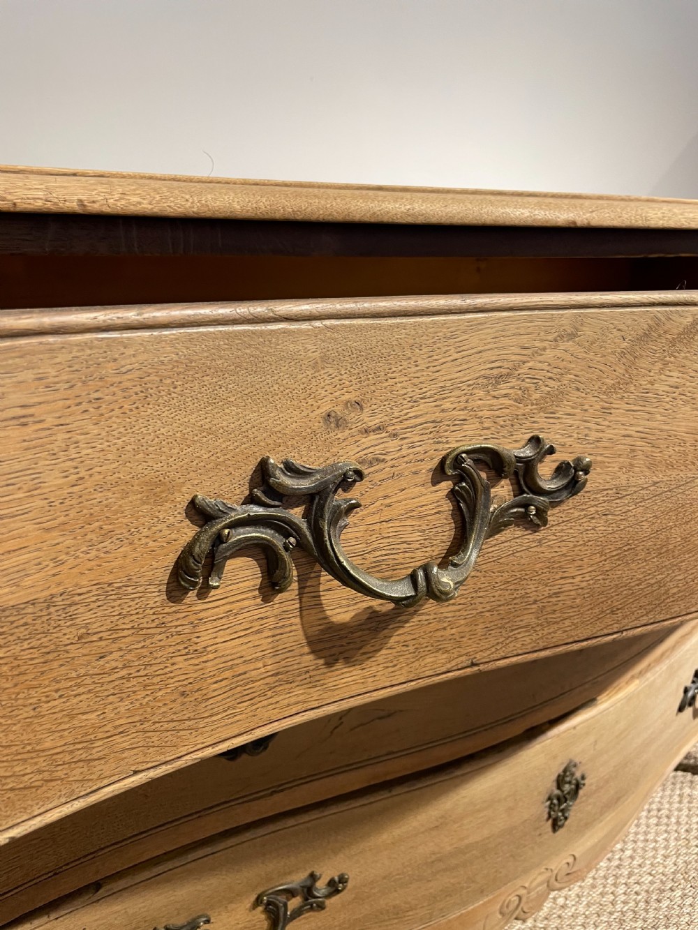 Washed oak serpentine fronted French commode  View IV