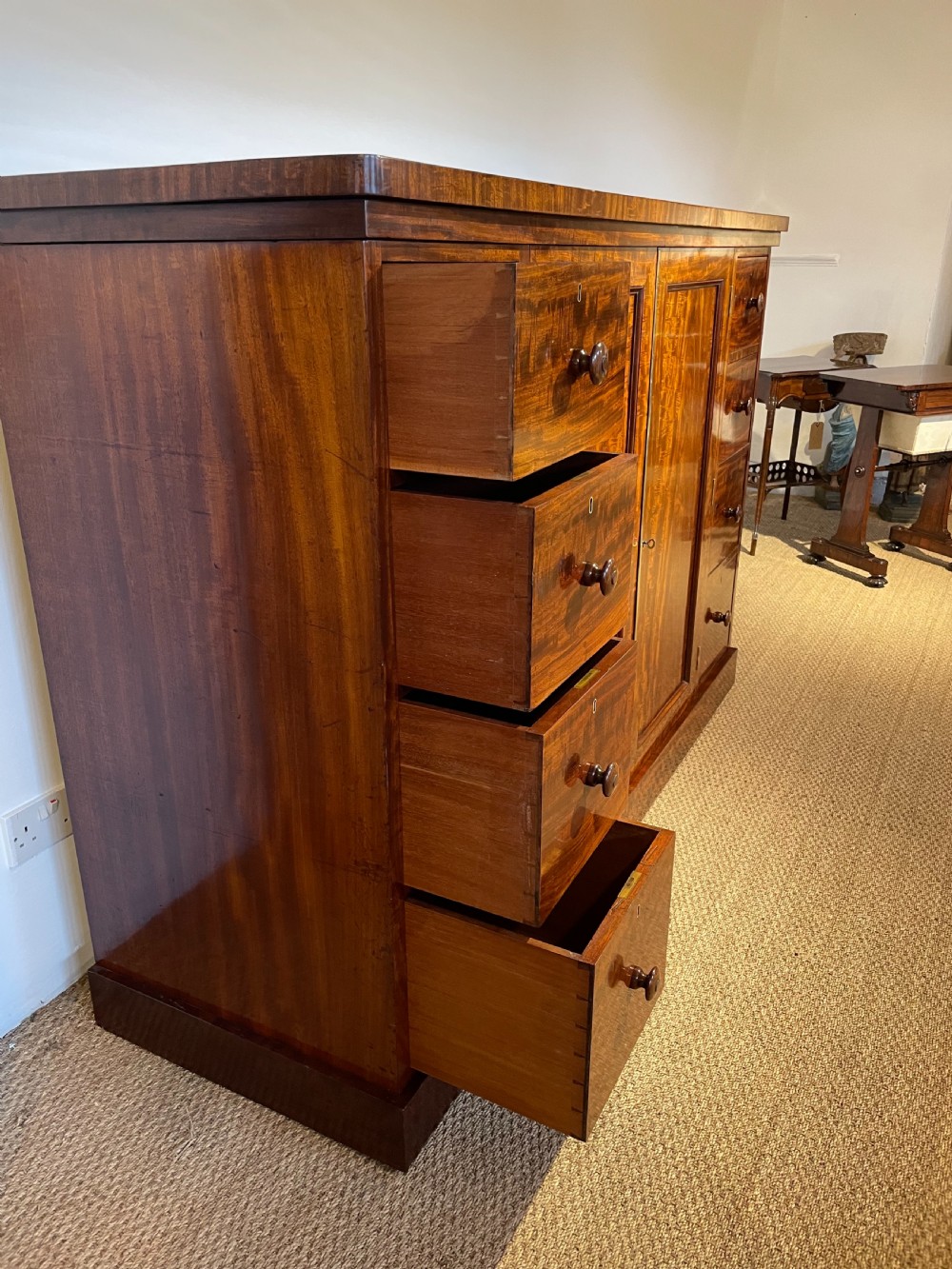 Low wide mahogany linen press  View IV
