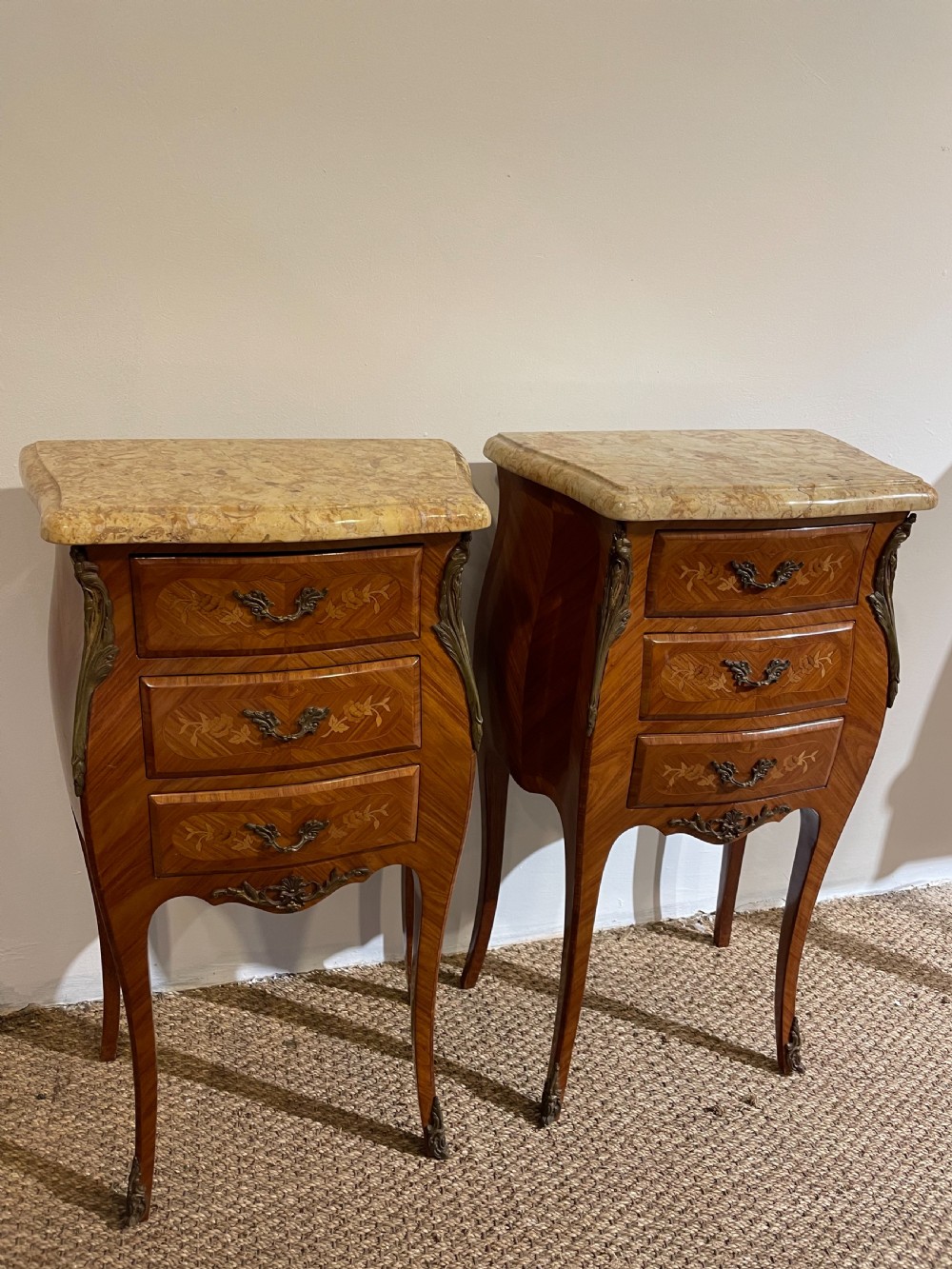 Pair of French marble topped bedside cabinets 