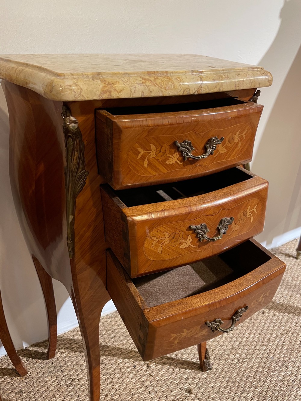 Pair of French marble topped bedside cabinets  View II