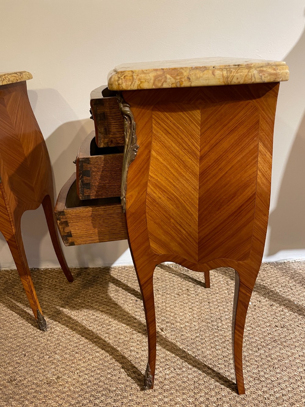Pair of French marble topped bedside cabinets  View V