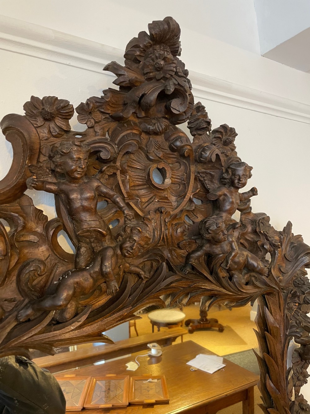 19th century carved walnut mirror  View IV