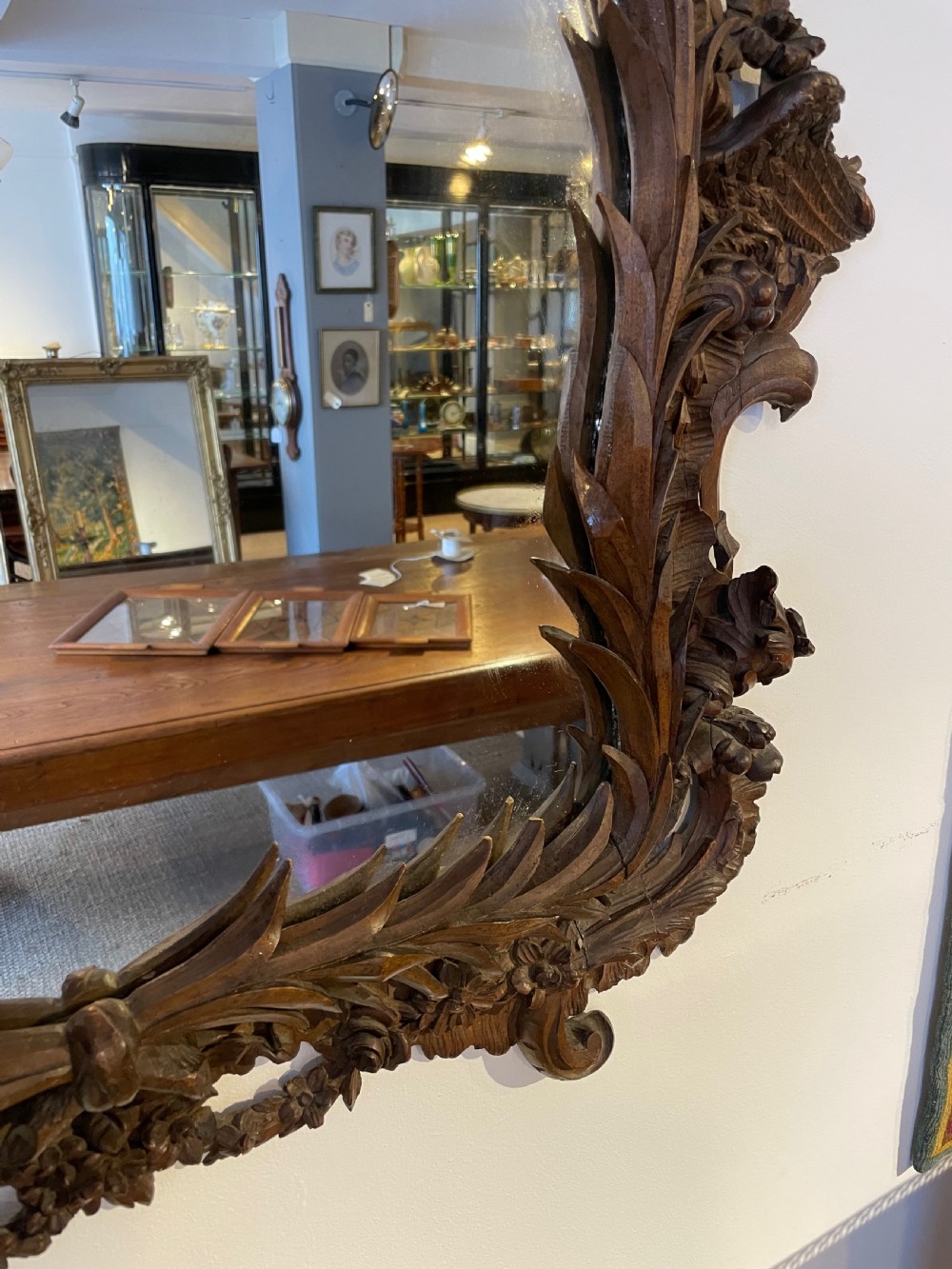 19th century carved walnut mirror  View V