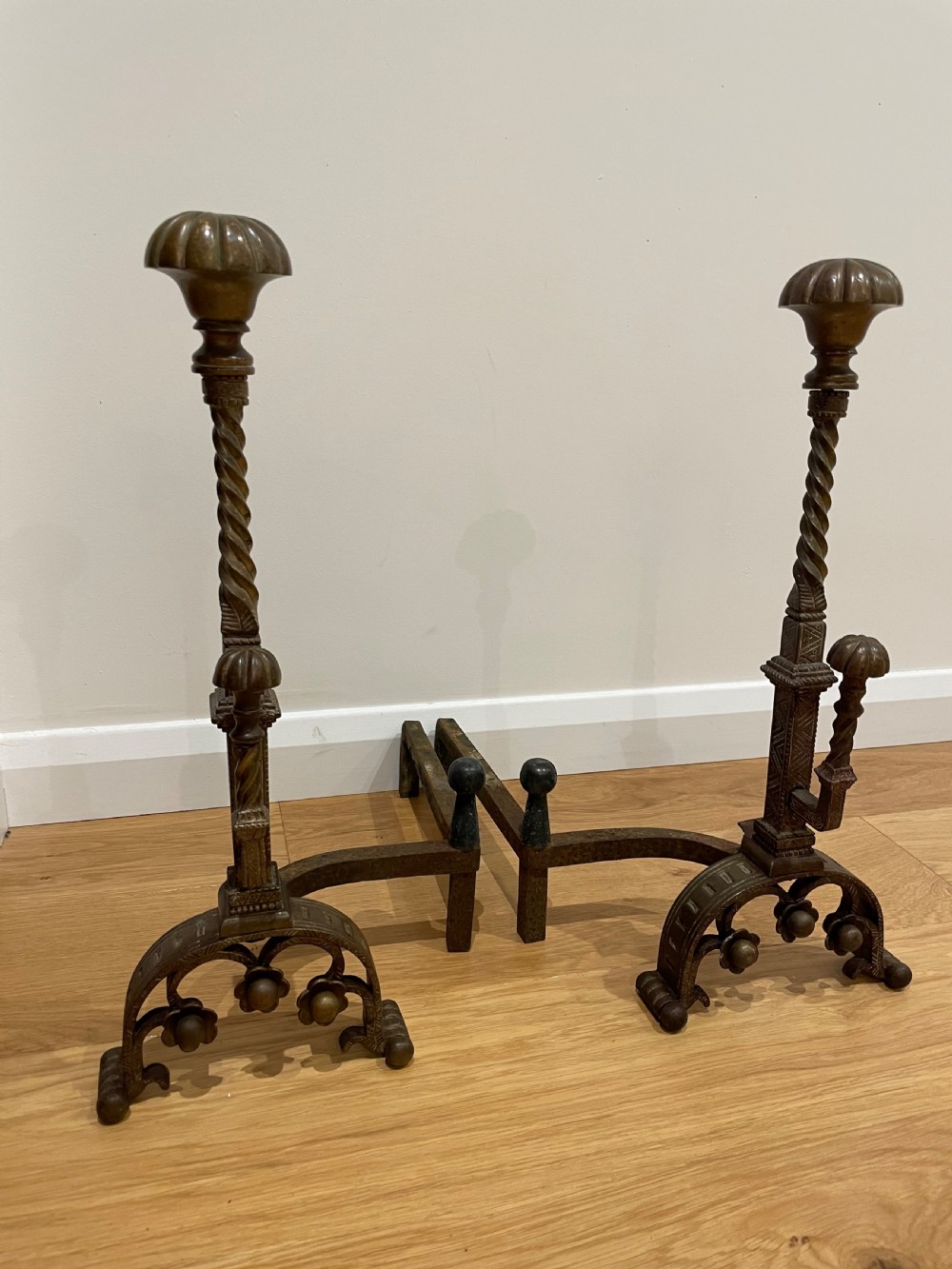 Pair of gothic style firedogs 
