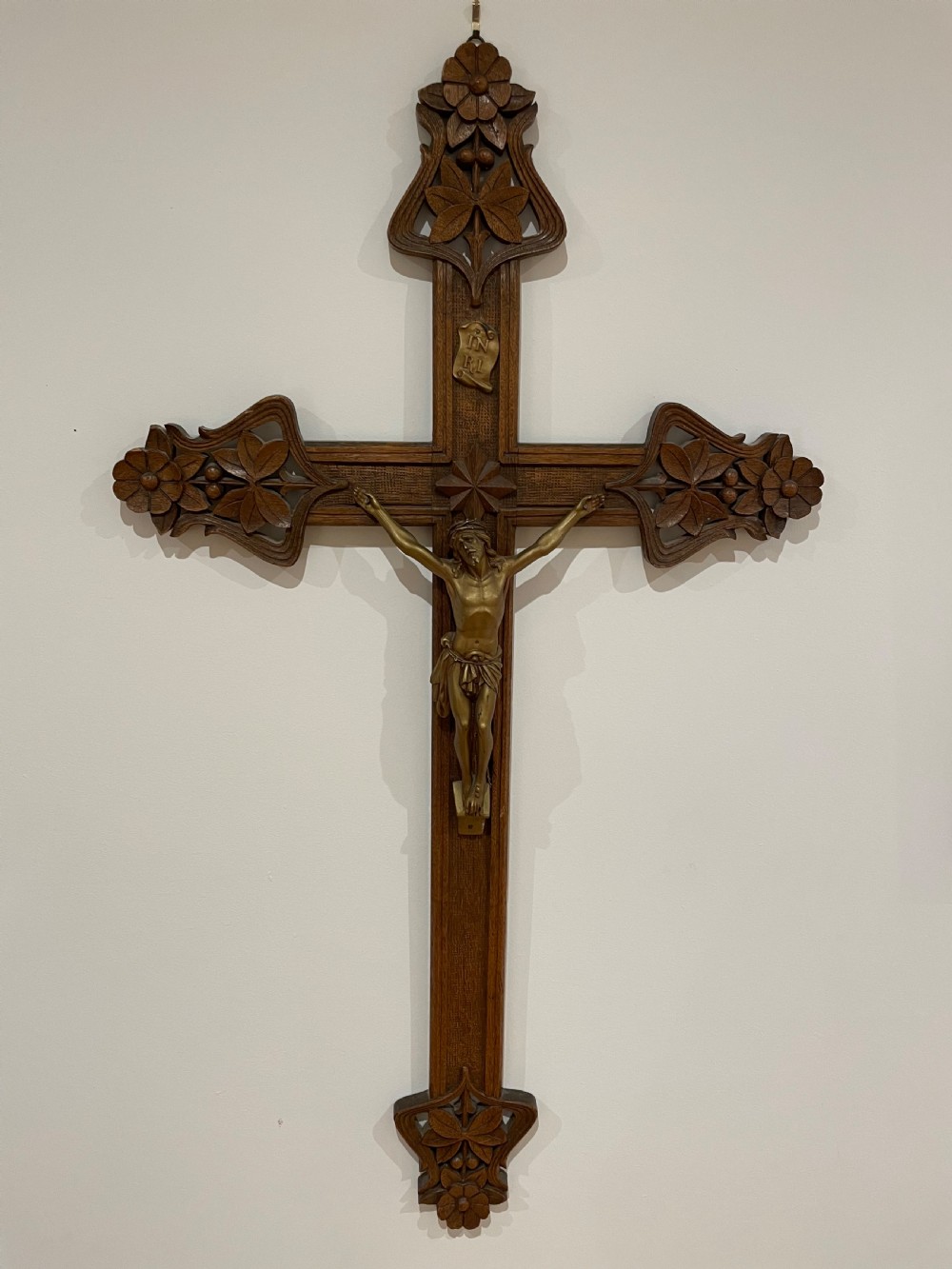 Large Art Nouveau carved oak crucifix