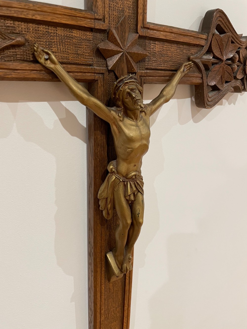 Large Art Nouveau carved oak crucifix View II