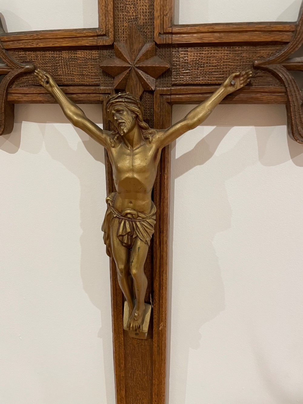Large Art Nouveau carved oak crucifix View III