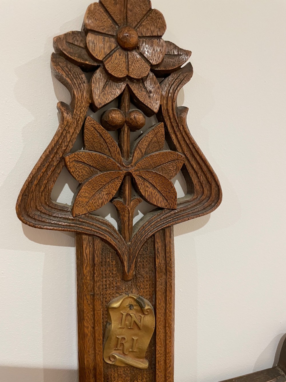 Large Art Nouveau carved oak crucifix View V