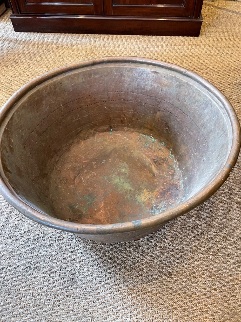 Large antique copper pot / log bin  View II