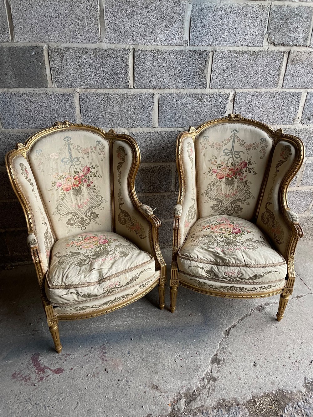 Pair of gilt wood fauteuils / arm chairs 