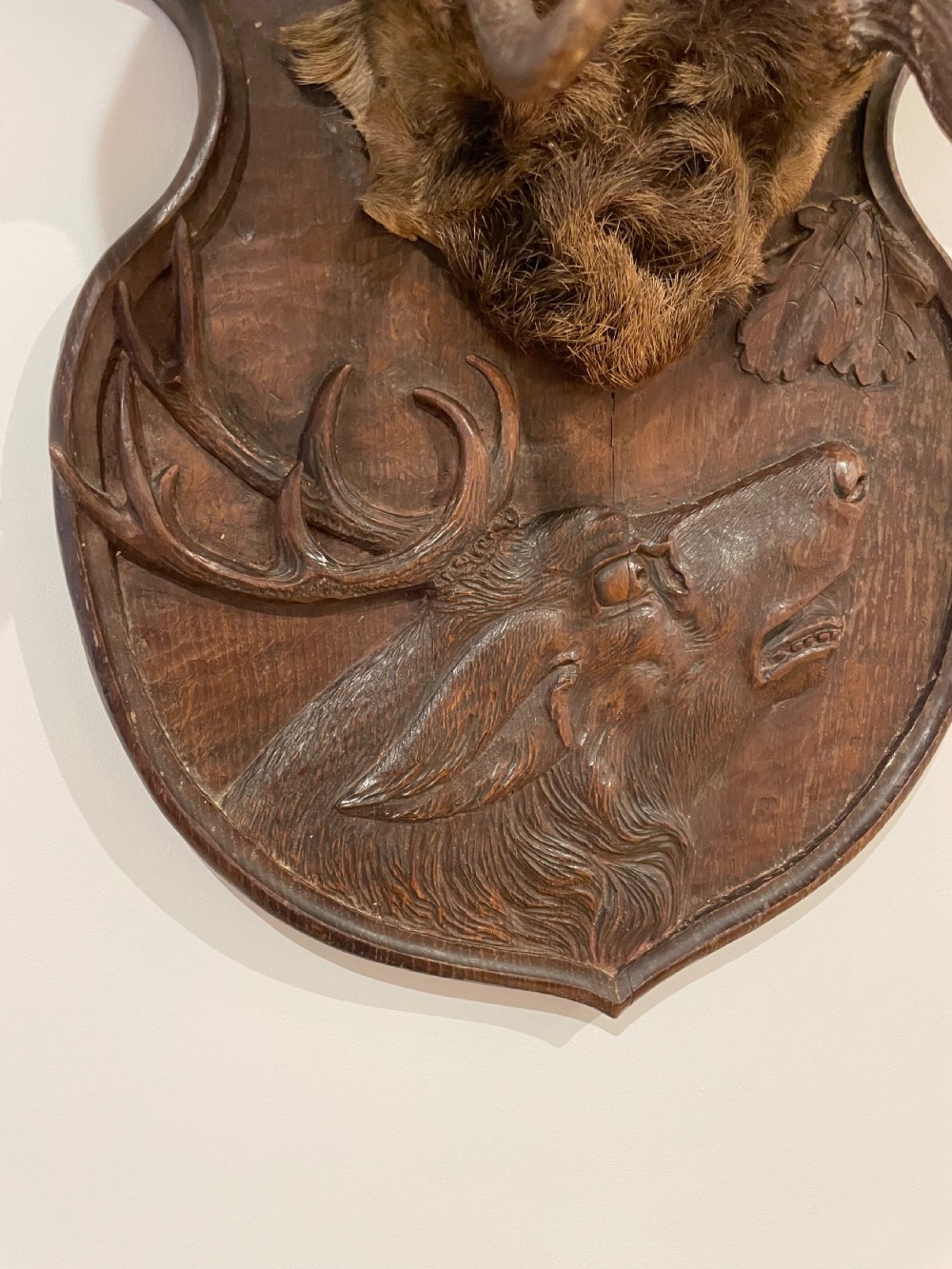 A pair of multi-tined stag antlers mounted on a dark carved wooden shield plaque featuring a relief carving of a stag head. View III