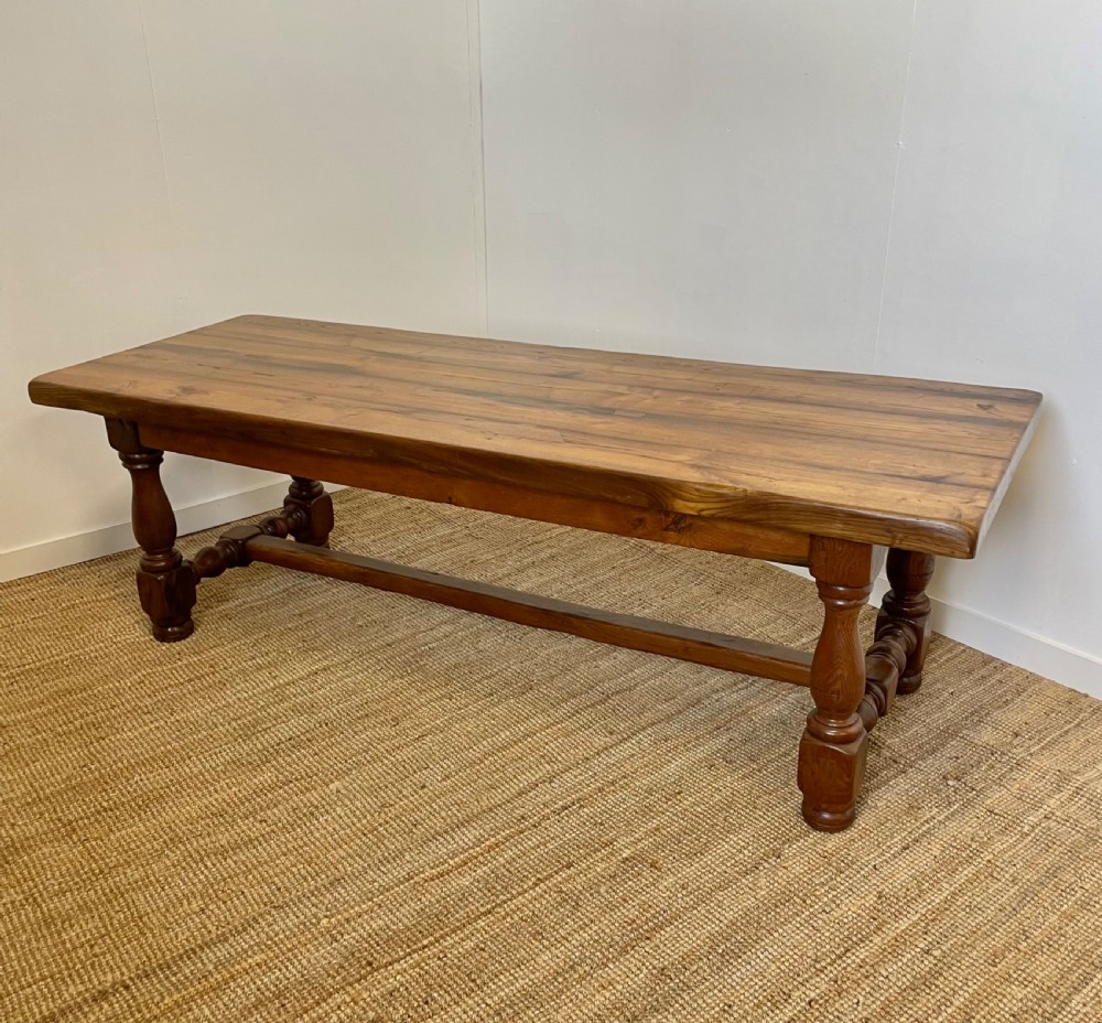 Large oak refectory table. , turned stretcher 