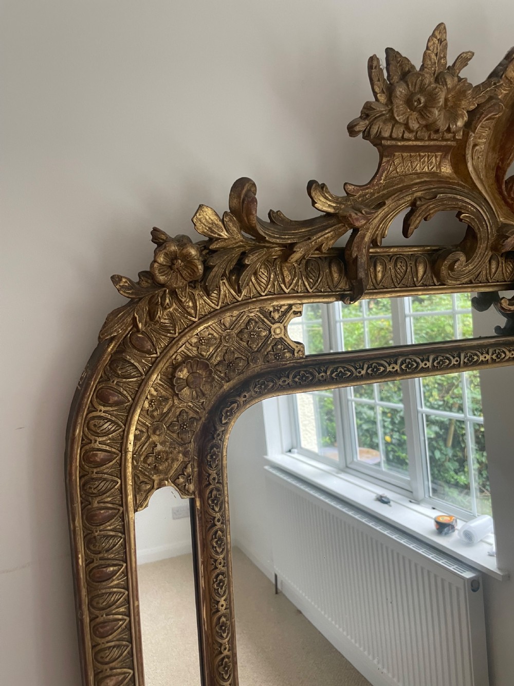 Antique floral crested overmantle mirror  View II