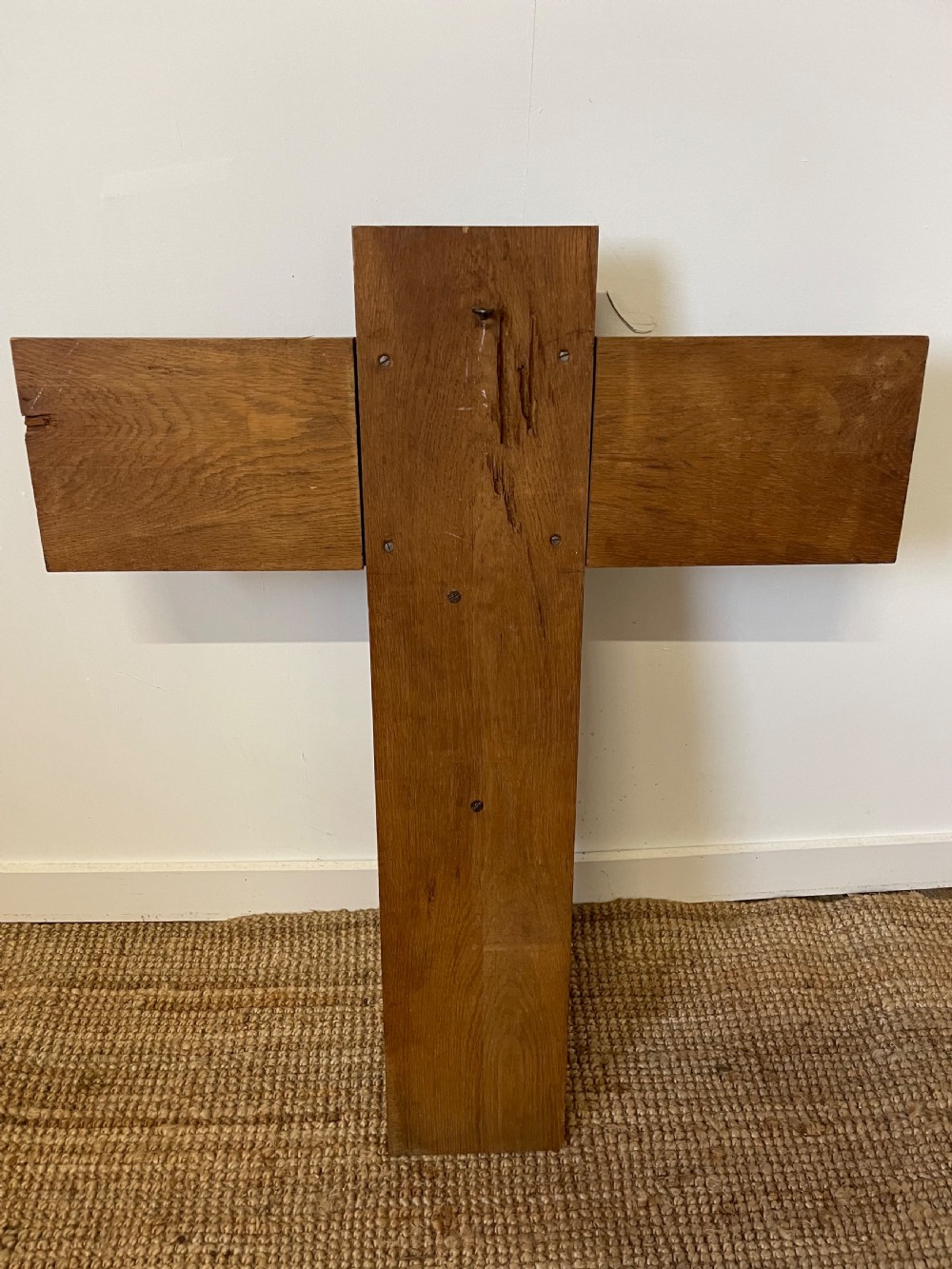 A large Art Deco style carved oak crucifix featuring a detailed wooden figure of Jesus Christ mounted on a broad-armed cross. View VIII