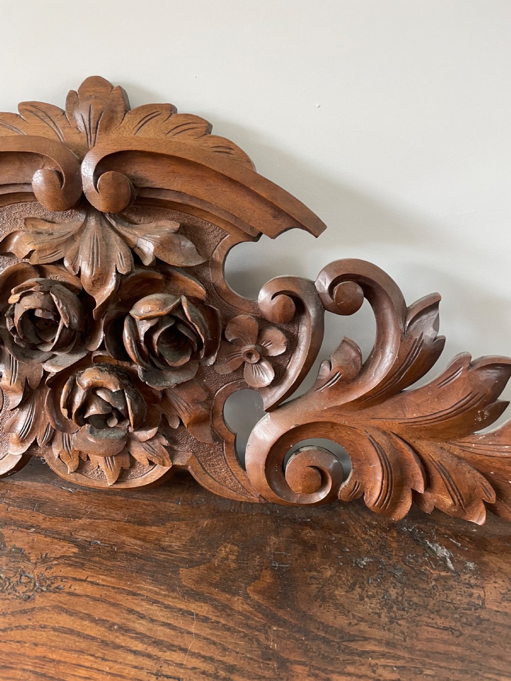 Carved walnut pediment  View V