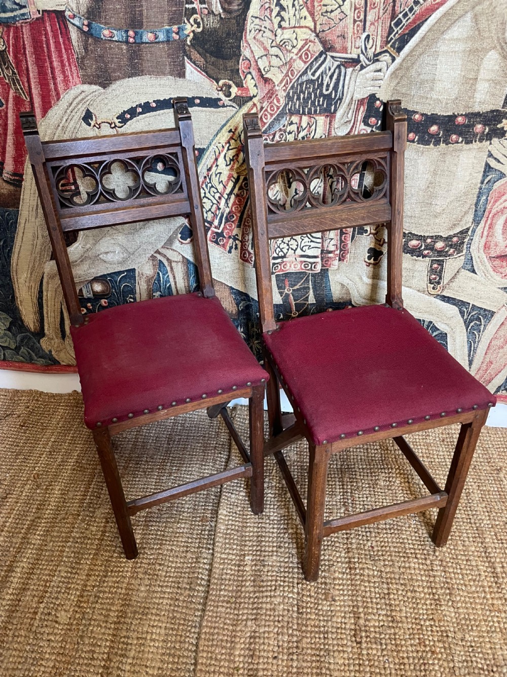 Pair of Gothic style oak hall chairs