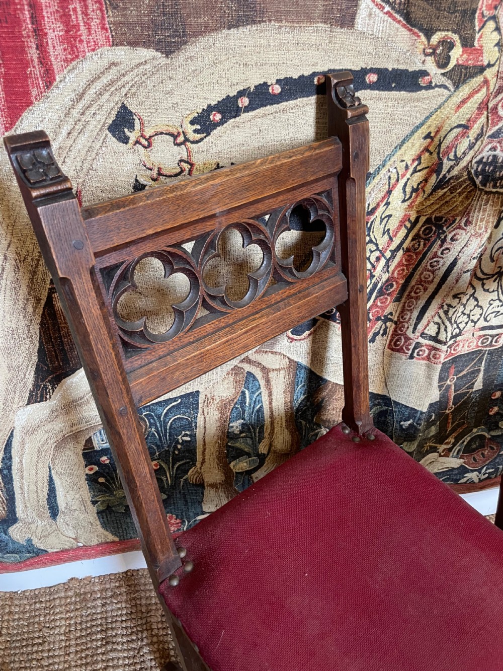 Pair of Gothic style oak hall chairs View III