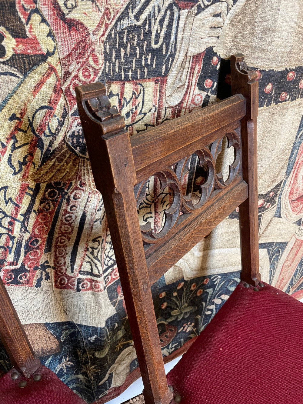 Pair of Gothic style oak hall chairs View IV