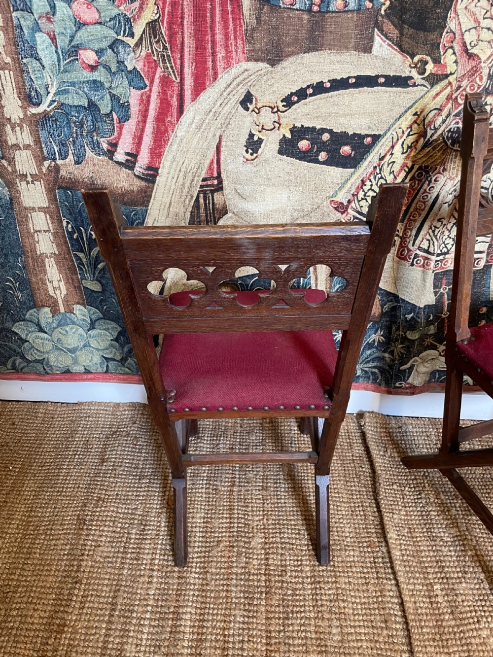Pair of Gothic style oak hall chairs View V