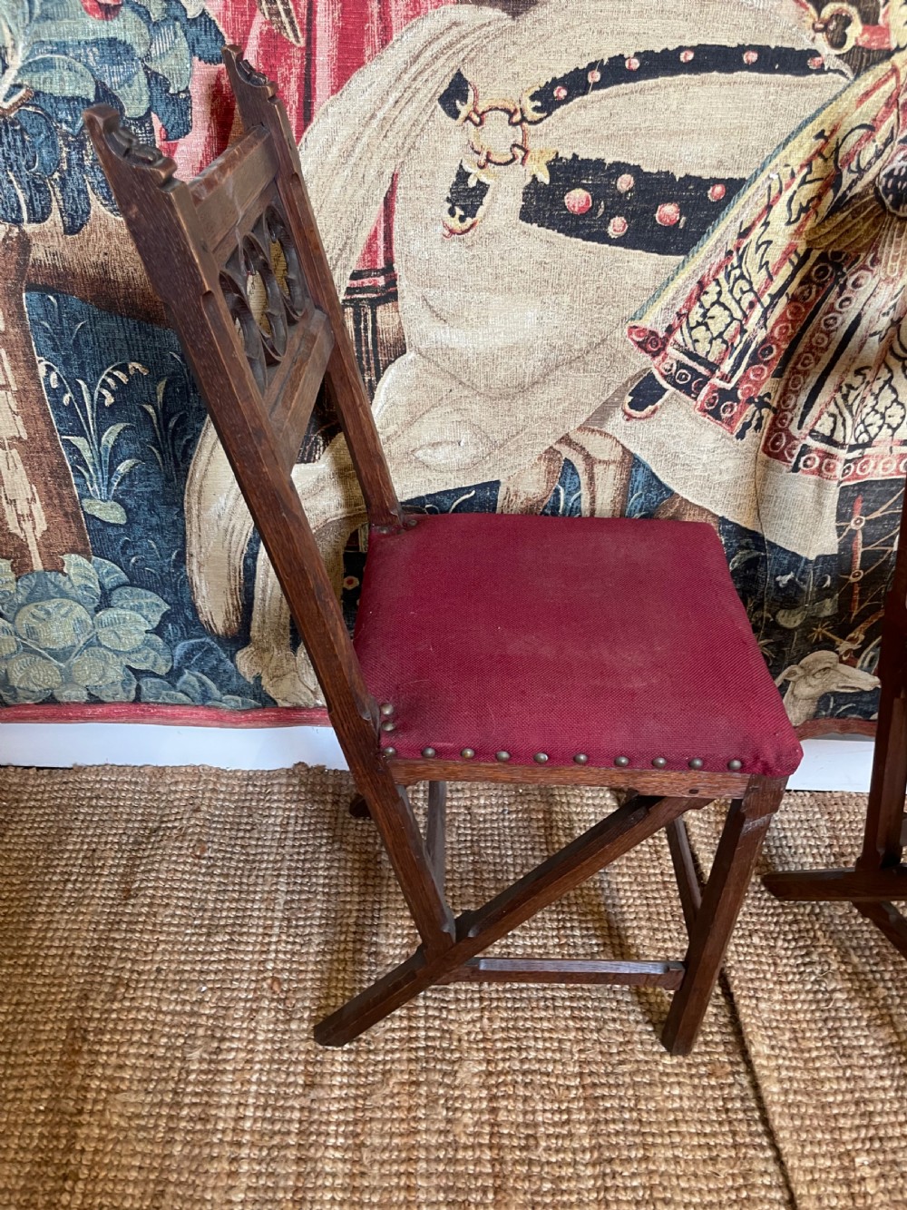 Pair of Gothic style oak hall chairs View VI
