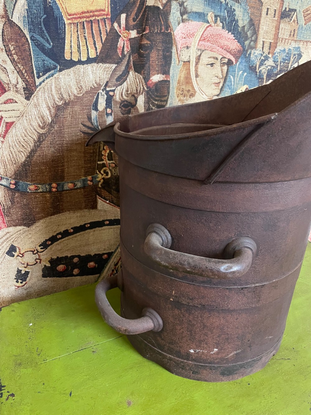 A heavy dark iron industrial measure vessel featuring double side handles, a contoured upper spout, and a patinated metal surface. View IV