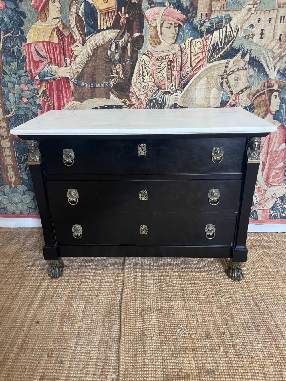 Early 19th century ebonised empire period marble topped commode 