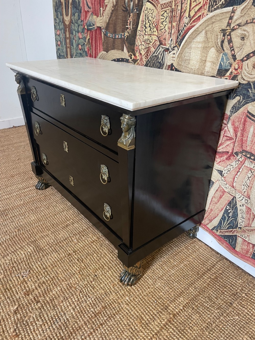 Early 19th century ebonised empire period marble topped commode  View II