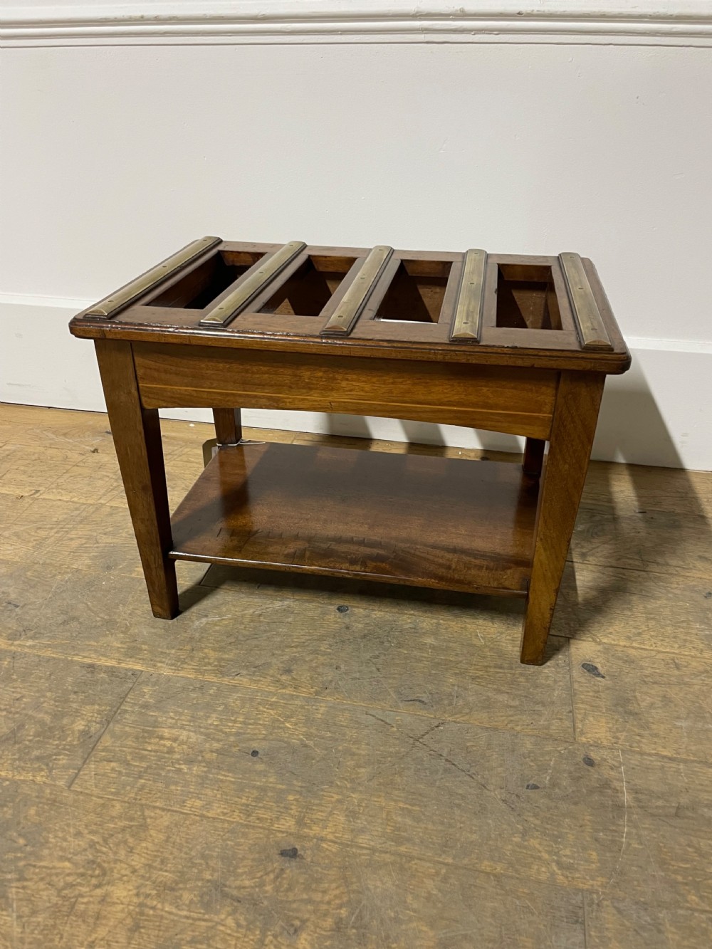 Edwardian mahogany and brass luggage rack