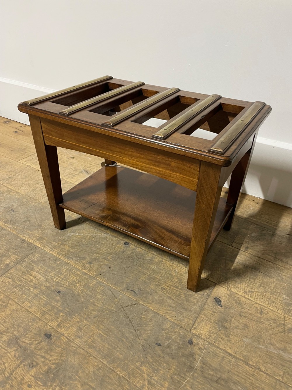 Edwardian mahogany and brass luggage rack View II