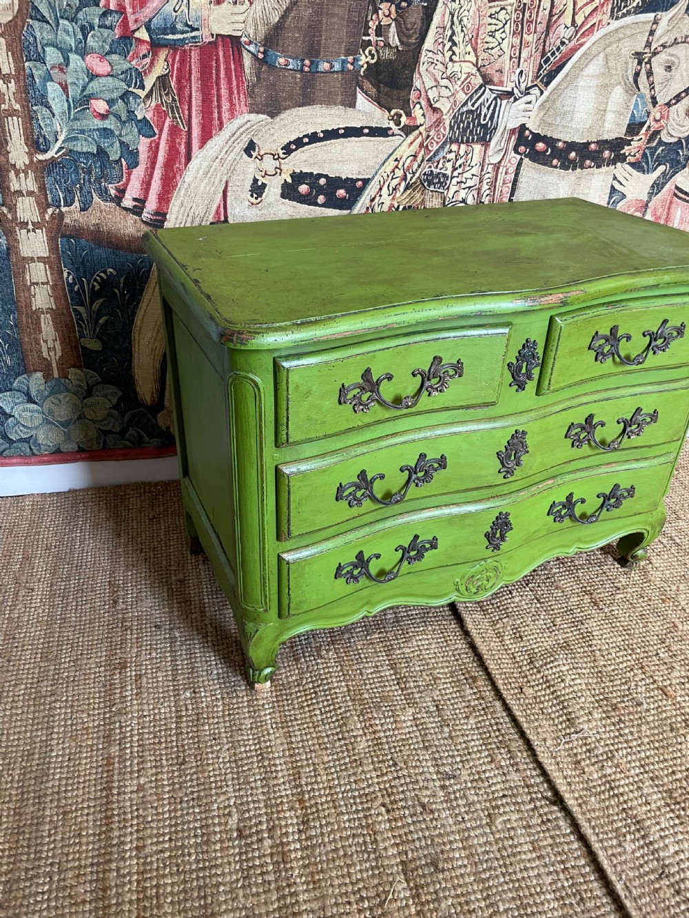 A green painted wooden commode chest of drawers featuring curved cabriole legs and brass hardware. View II