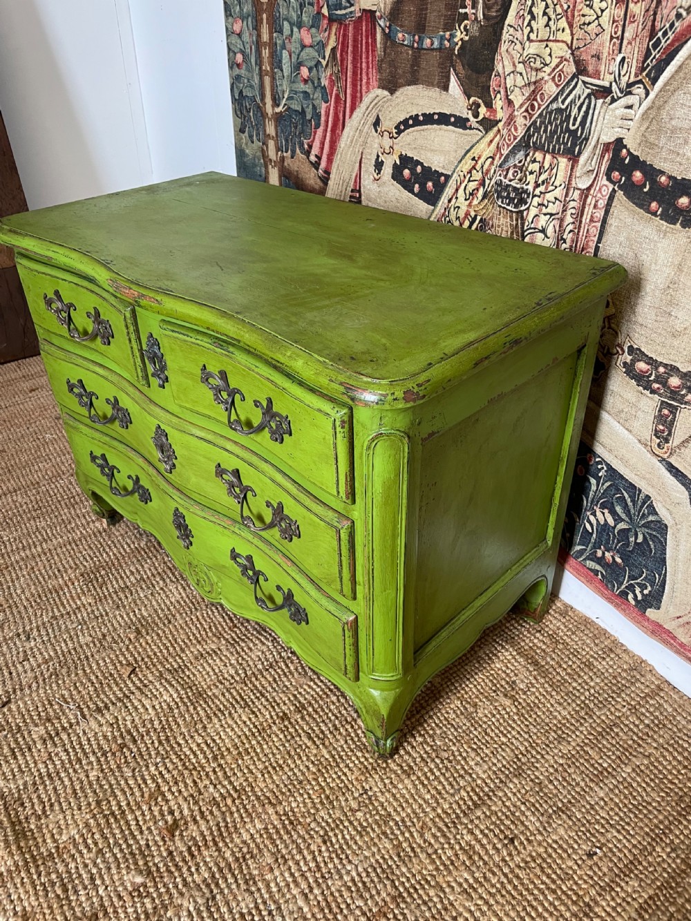 A green painted wooden commode chest of drawers featuring curved cabriole legs and brass hardware. View III