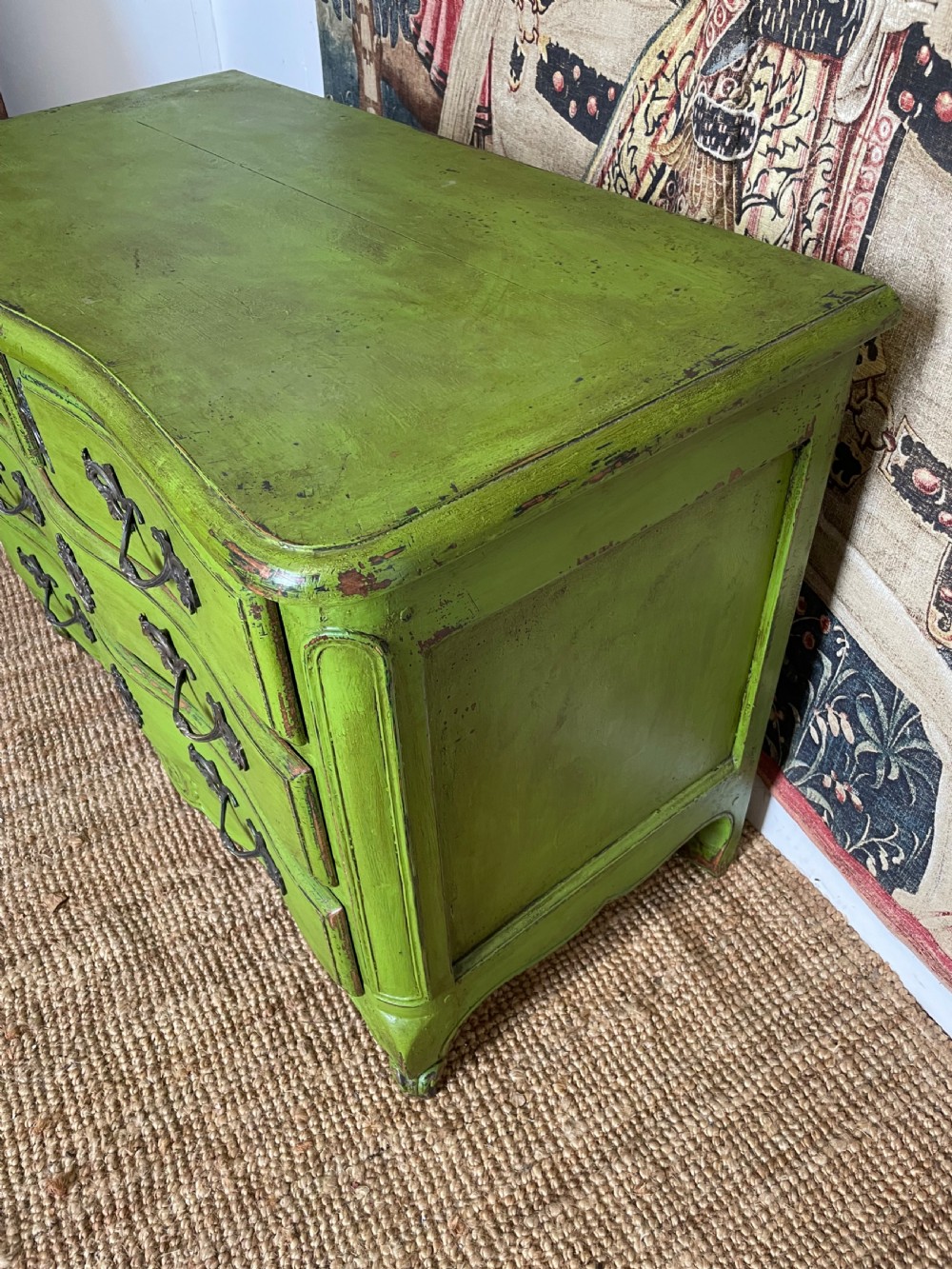A green painted wooden commode chest of drawers featuring curved cabriole legs and brass hardware. View IV