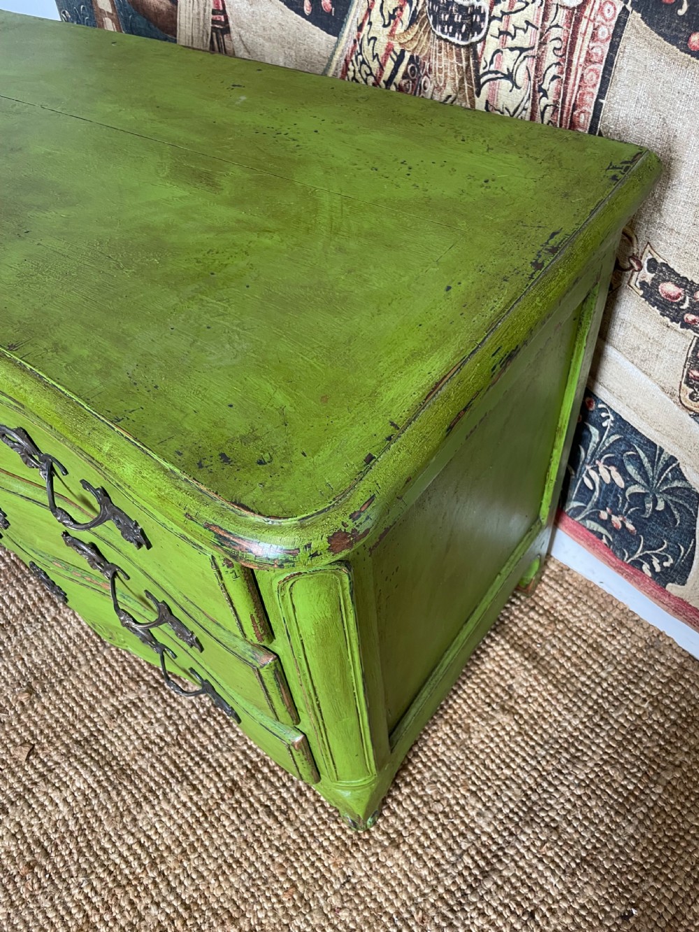 A green painted wooden commode chest of drawers featuring curved cabriole legs and brass hardware. View VI