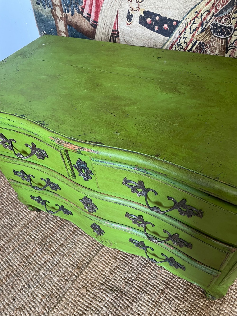 A green painted wooden commode chest of drawers featuring curved cabriole legs and brass hardware. View VII