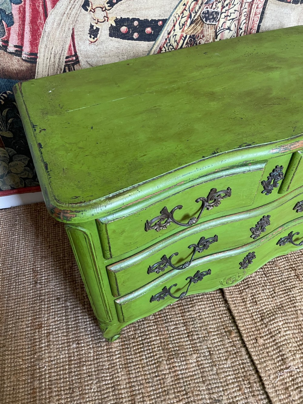 A green painted wooden commode chest of drawers featuring curved cabriole legs and brass hardware. View VIII