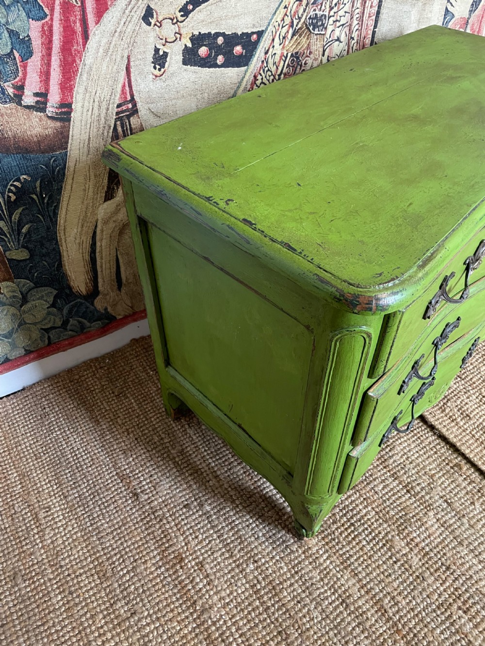 A green painted wooden commode chest of drawers featuring curved cabriole legs and brass hardware. View IX