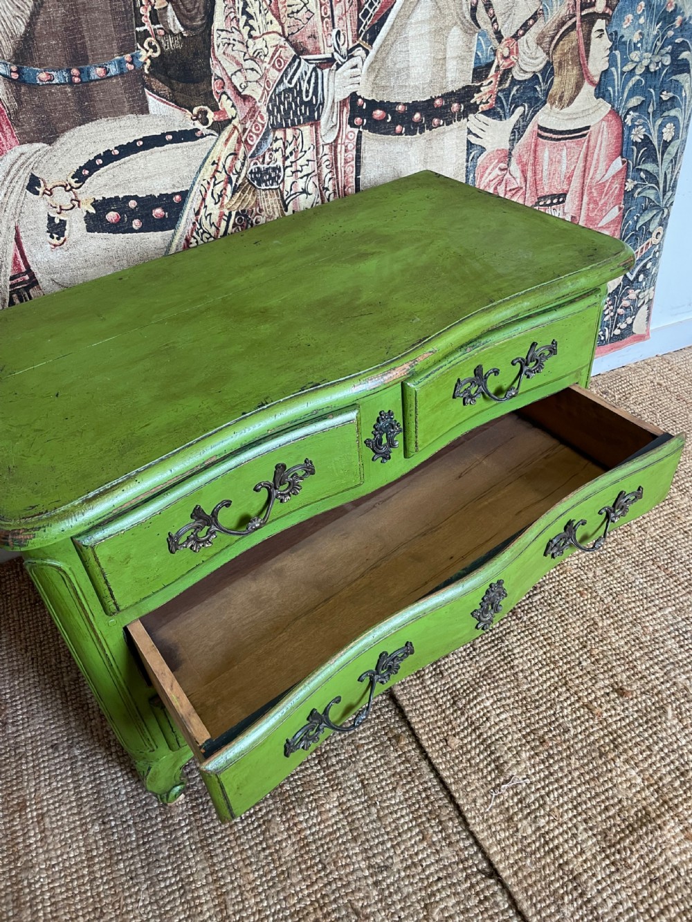 A green painted wooden commode chest of drawers featuring curved cabriole legs and brass hardware. View XI