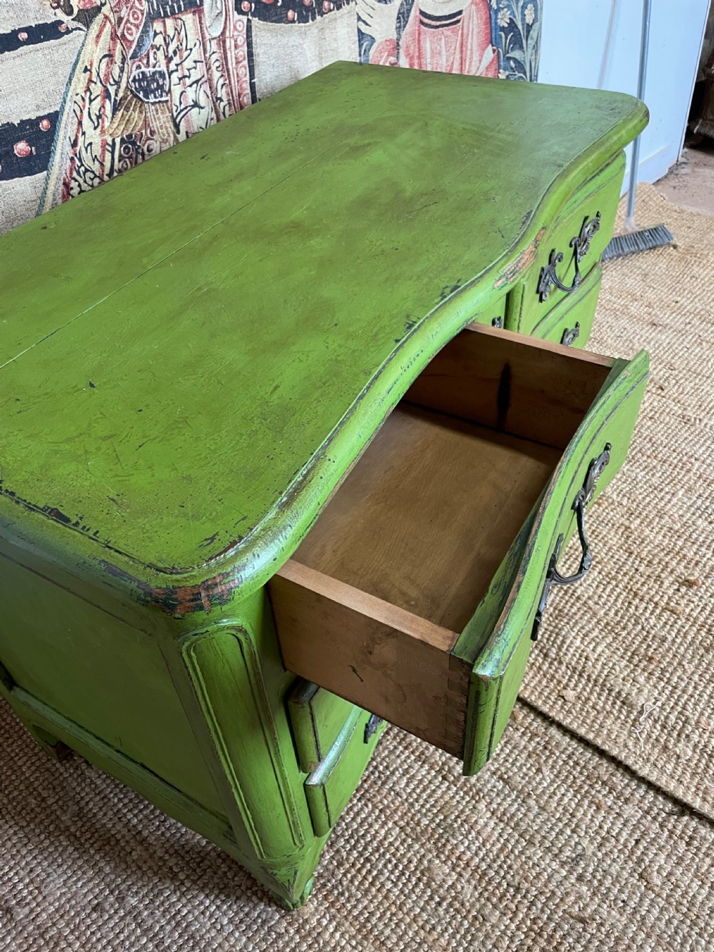 A green painted wooden commode chest of drawers featuring curved cabriole legs and brass hardware. View XII