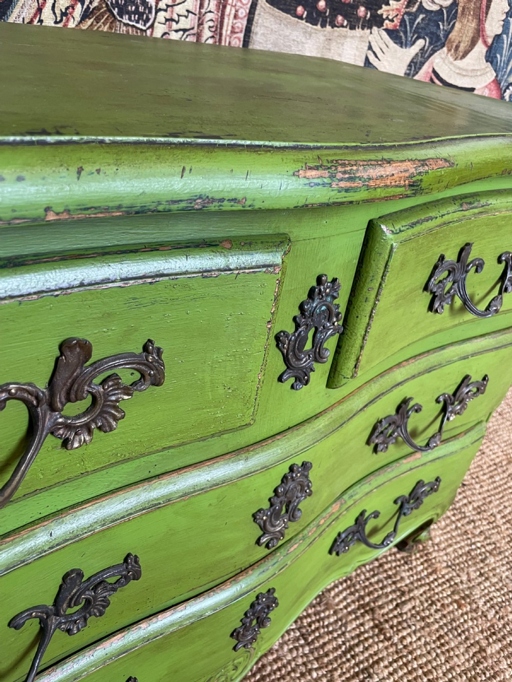 A green painted wooden commode chest of drawers featuring curved cabriole legs and brass hardware. View XIII