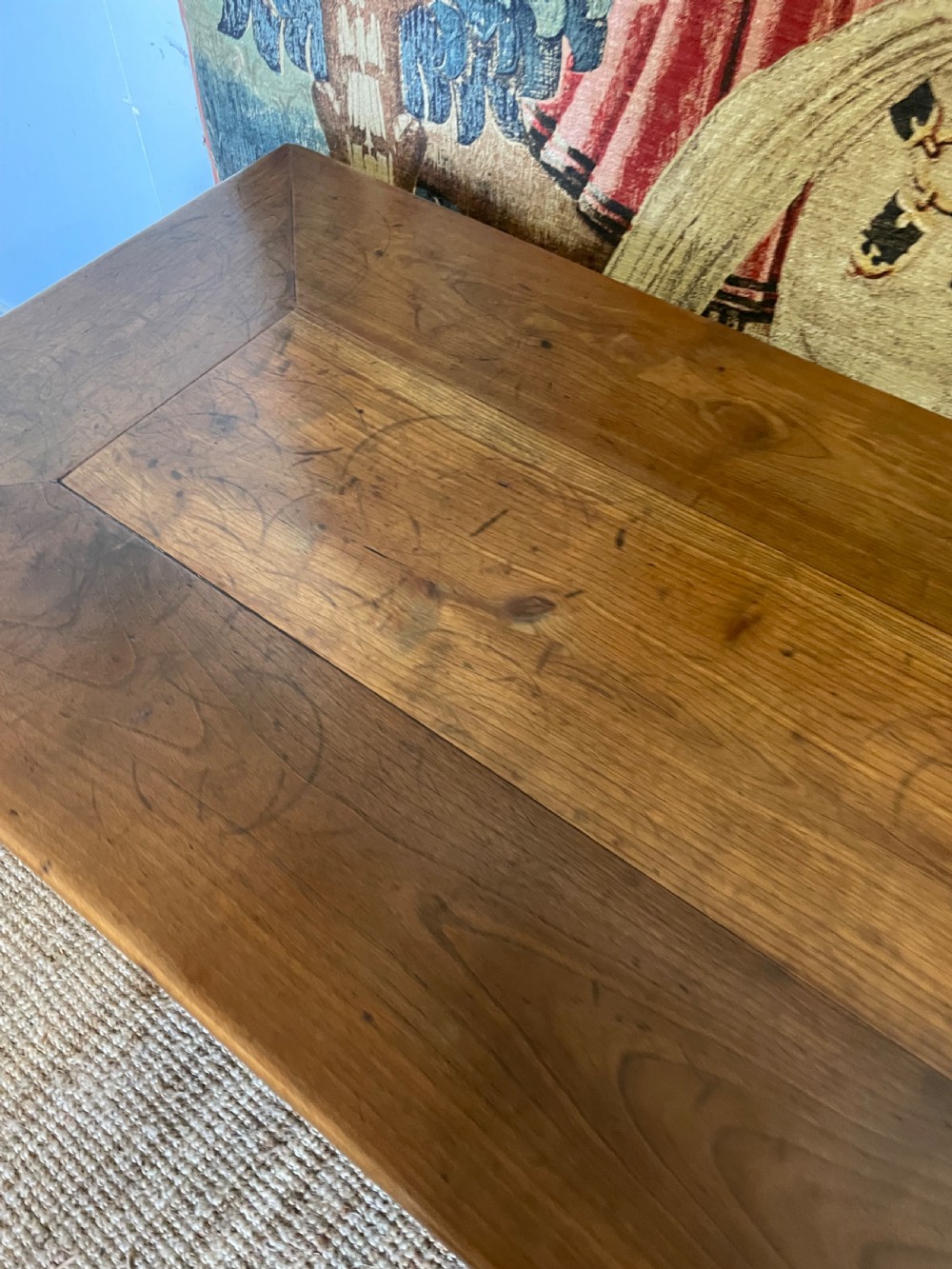 A rectangular cherrywood dresser base featuring three drawers with metal drop handles and straight tapered legs. View XII