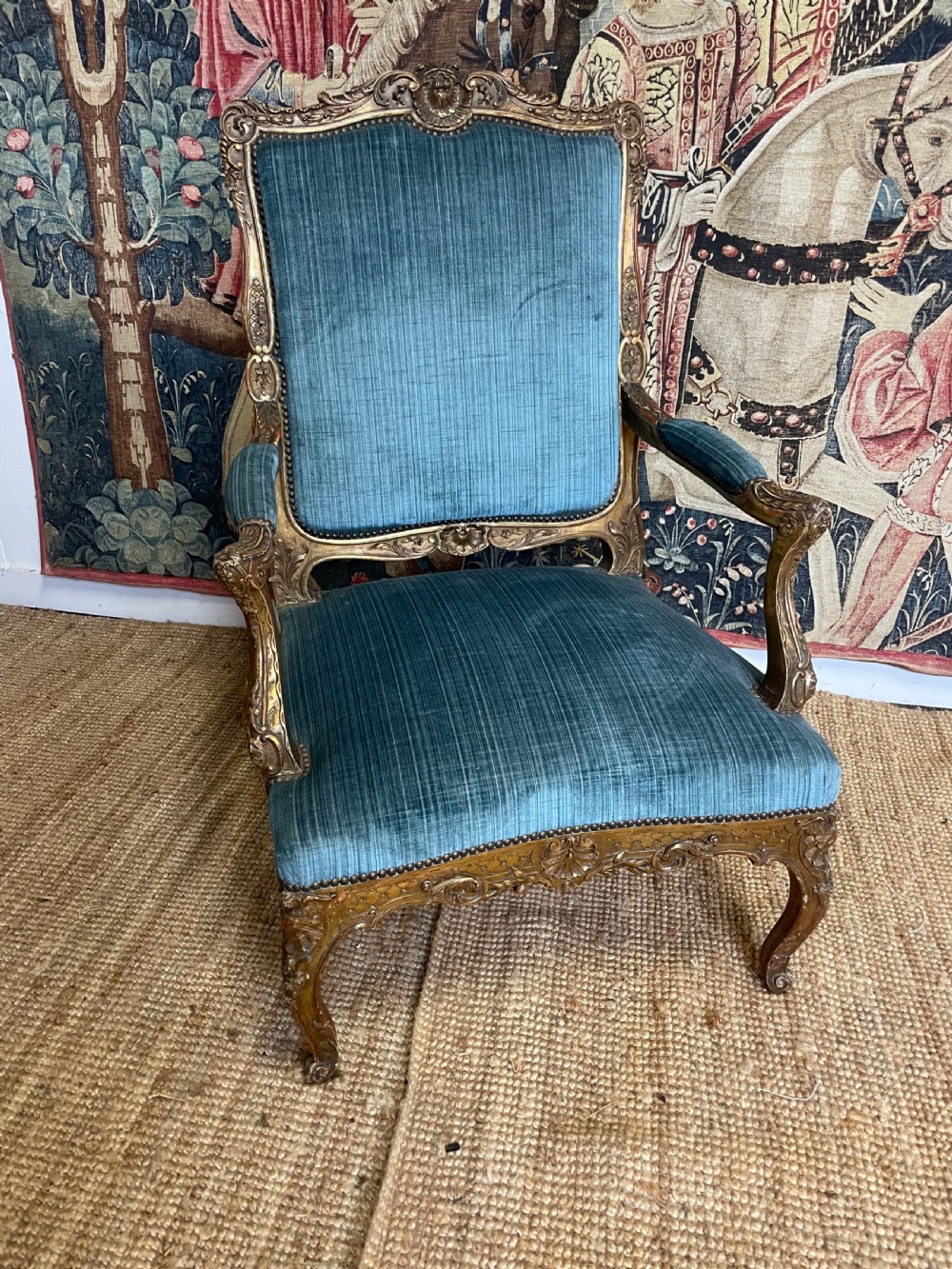 LARGE REGENCE STYLE GILDED OPEN ARMCHAIR