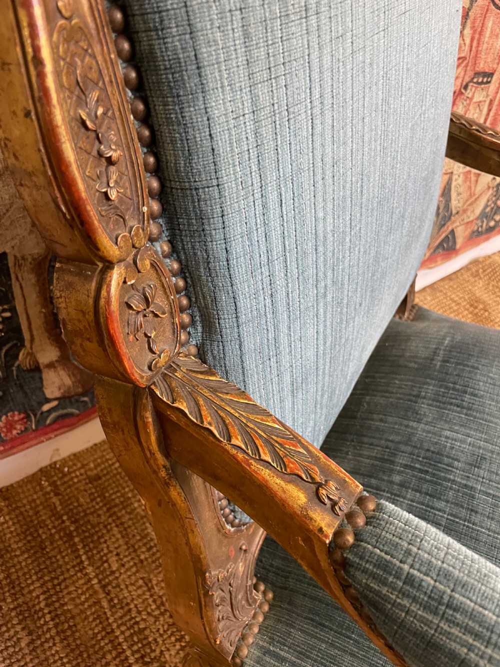 LARGE REGENCE STYLE GILDED OPEN ARMCHAIR View X