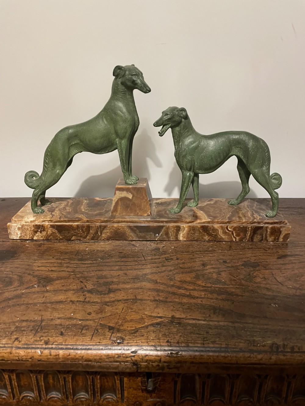 Art deco spelter group of 2 Borzoi dogs 