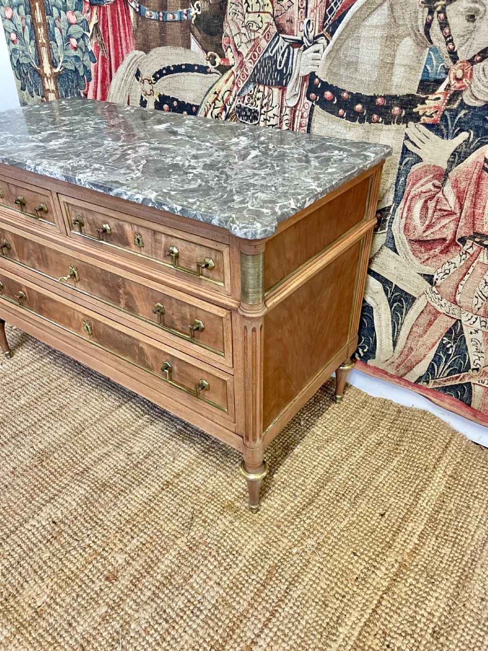Louis XVI style raw mahogany marble topped commode View II