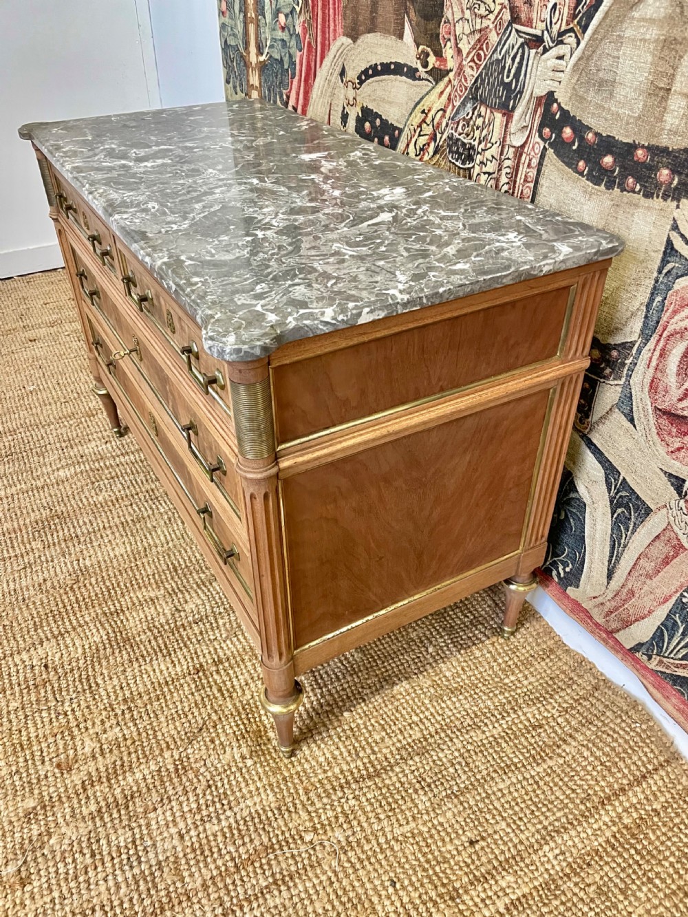 Louis XVI style raw mahogany marble topped commode View III