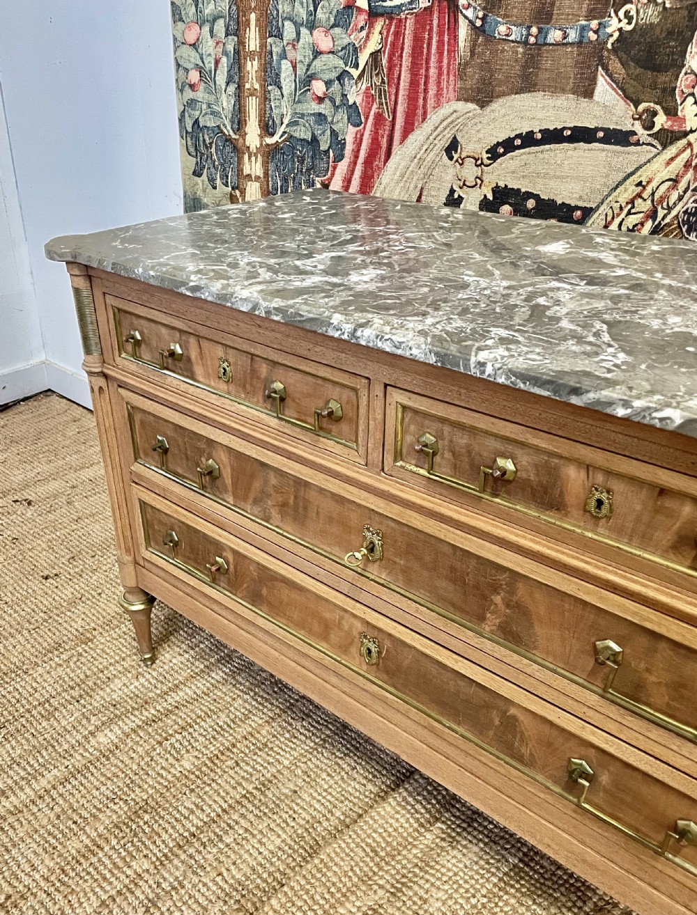 Louis XVI style raw mahogany marble topped commode View V