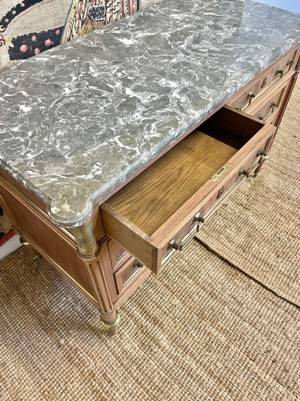 Louis XVI style raw mahogany marble topped commode View IX
